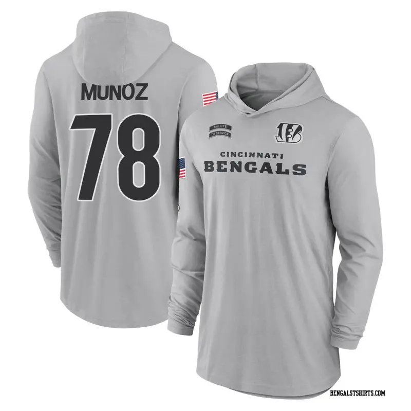 Men's Cincinnati Bengals ＃78 Anthony Munoz Gray 2024 Salute to Service Lightweight Performance Long Sleeve Hooded T-Shirt