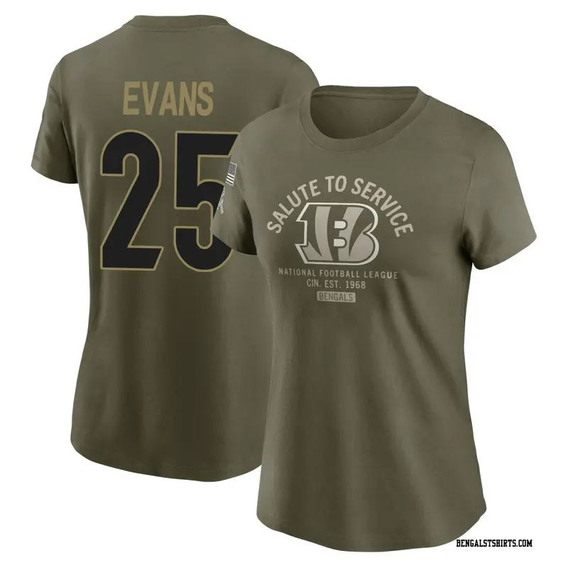 Women's Cincinnati Bengals ＃25 Chris Evans Olive 2025 Salute to Service Sideline T-Shirt